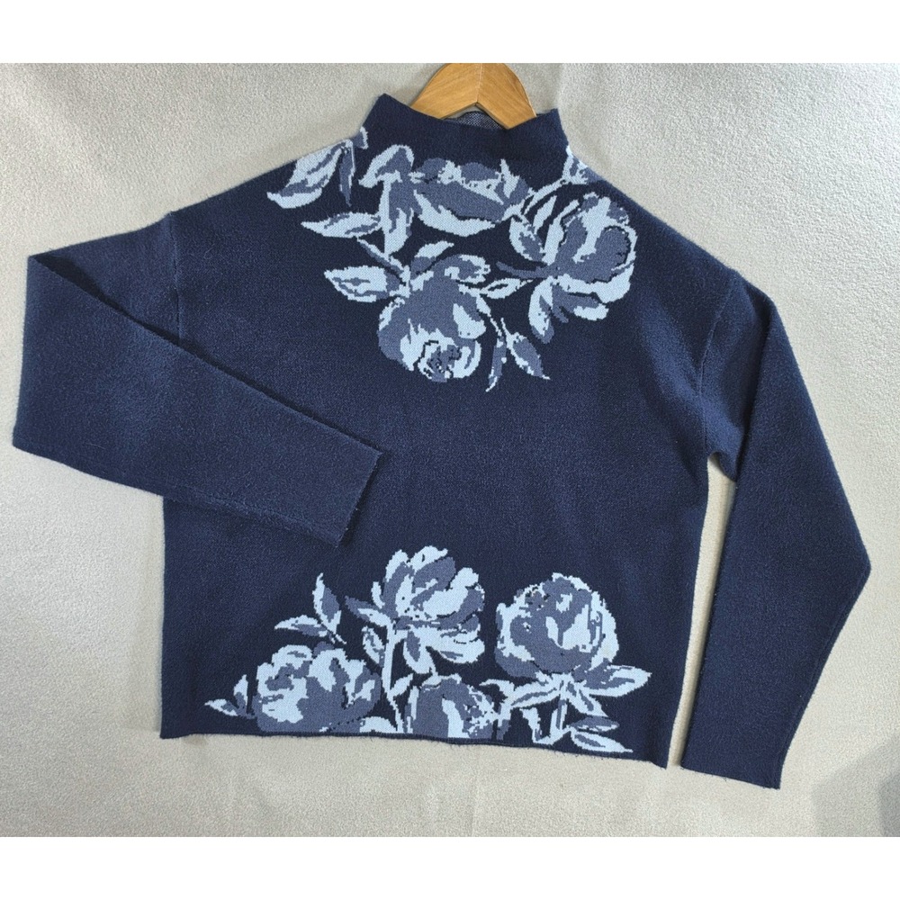 Joie Dark Romantic Floral Mock Neck Sweater Large Navy Blue Knit Cottagecore